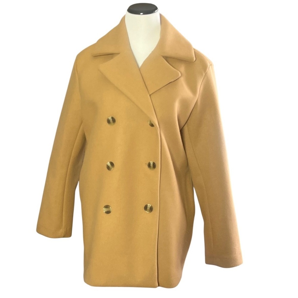 DIVIDED Camel Tan Double‎ Breasted Pea Coat Gold Buttons Notched Lapel Medium